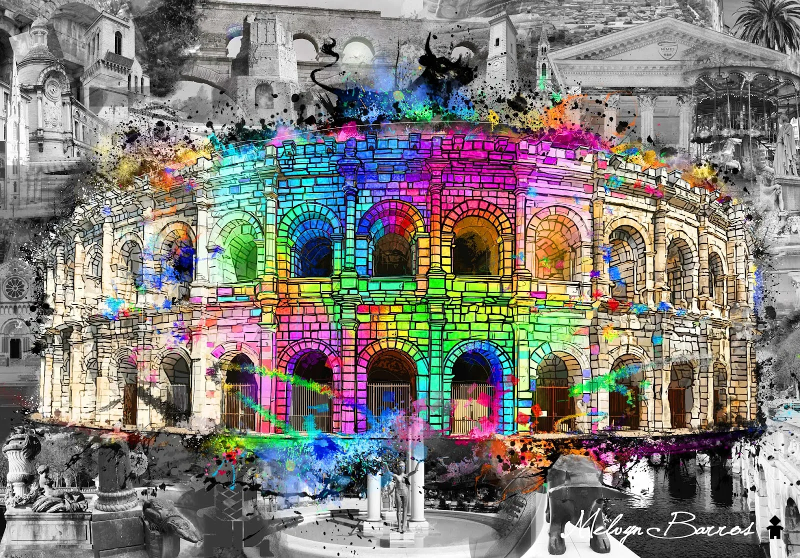 Les Arènes de Nîmes peintes en éclaboussures multicolores sur un fond de monuments nîmois en noir et blanc, œuvre signée Melvyn Barros