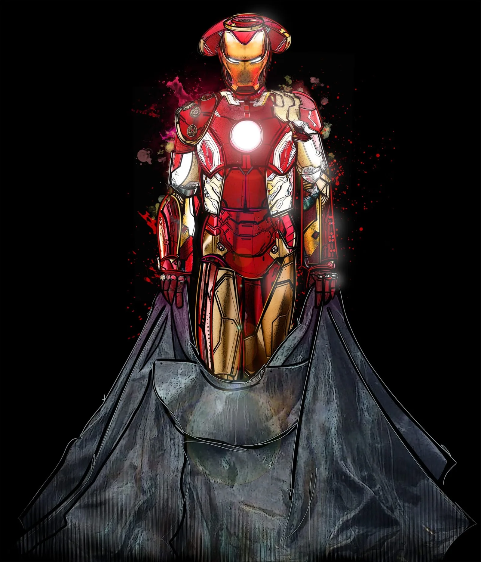 Iron Man peint dans un style mosaïque et éclaboussures rouge et or sur fond noir