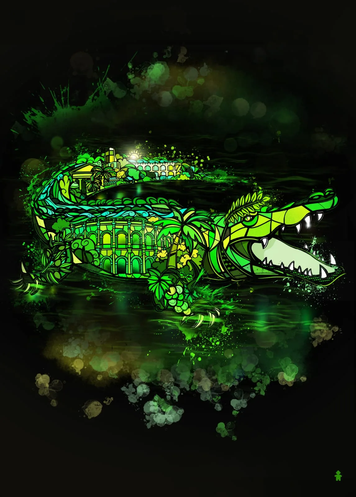 Le crocodile de Nîmes composé en vert néon, mêlant les Arènes, la Maison Carrée et des palmiers, sur fond noir