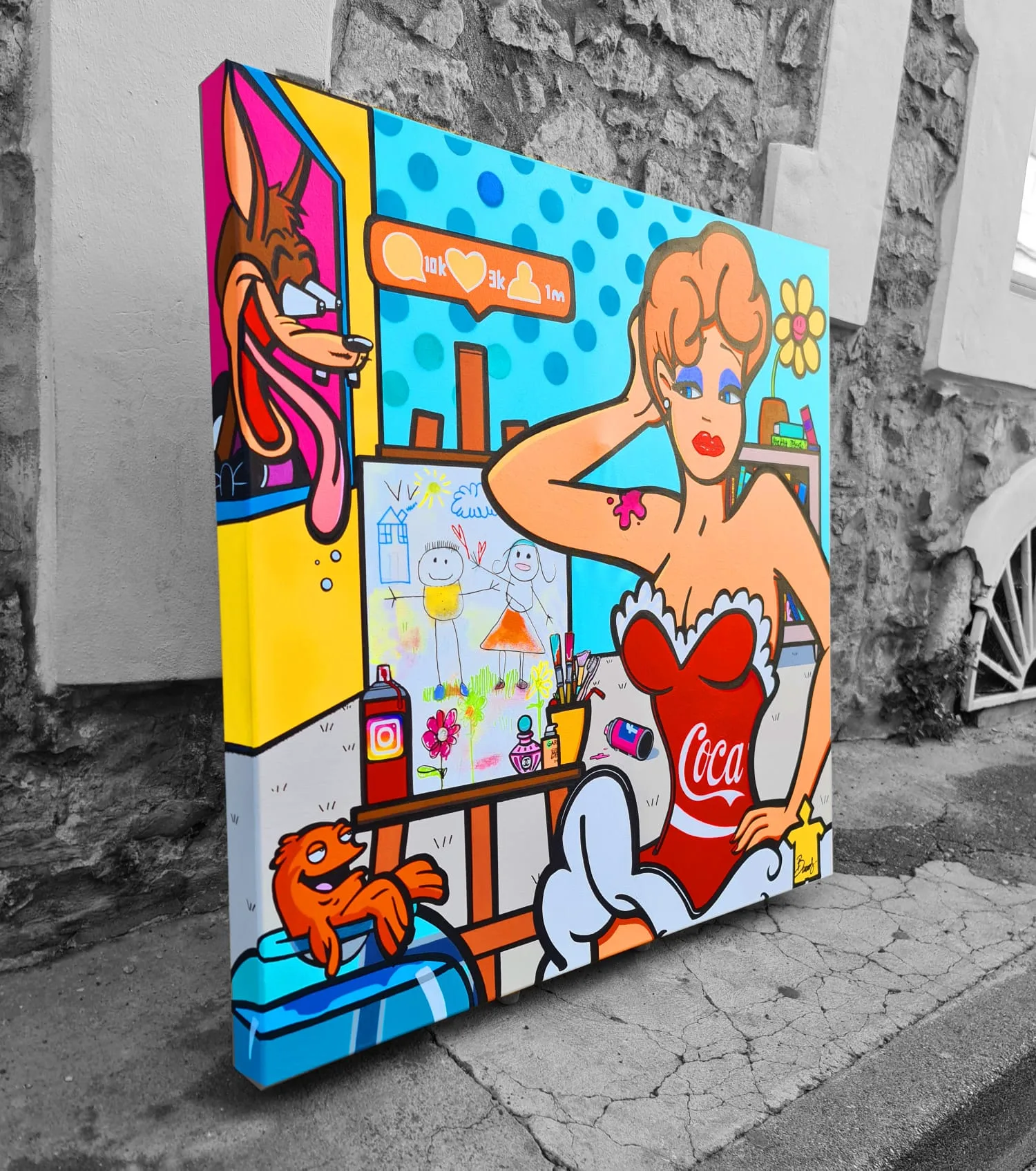 Toile pop réunissant une pin-up en corset Coca-Cola, le loup de Tex Avery et des icônes de réseaux sociaux