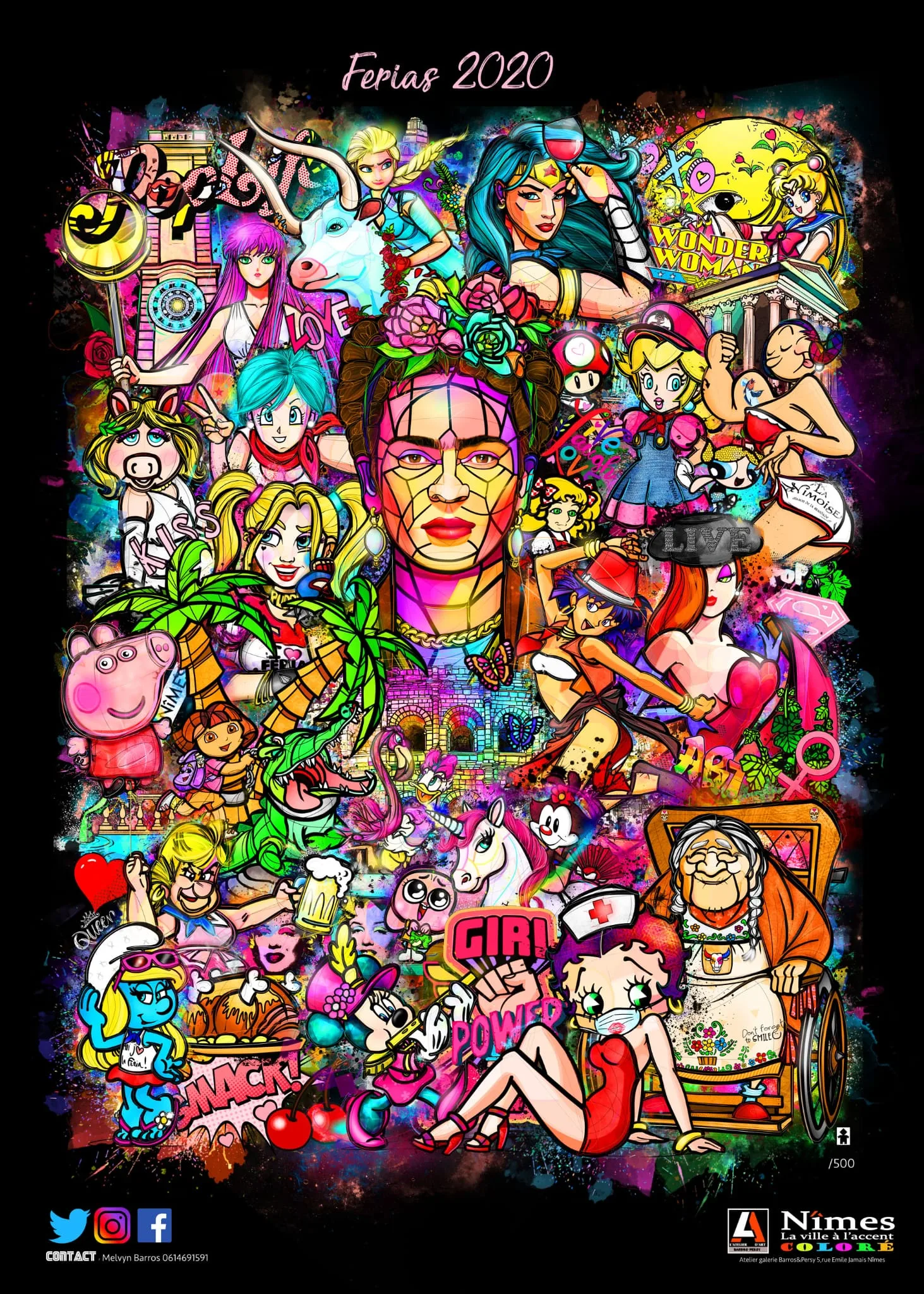 Affiche Ferias 2020 : Frida Kahlo en mosaïque entourée d'héroïnes de la pop culture, édition limitée